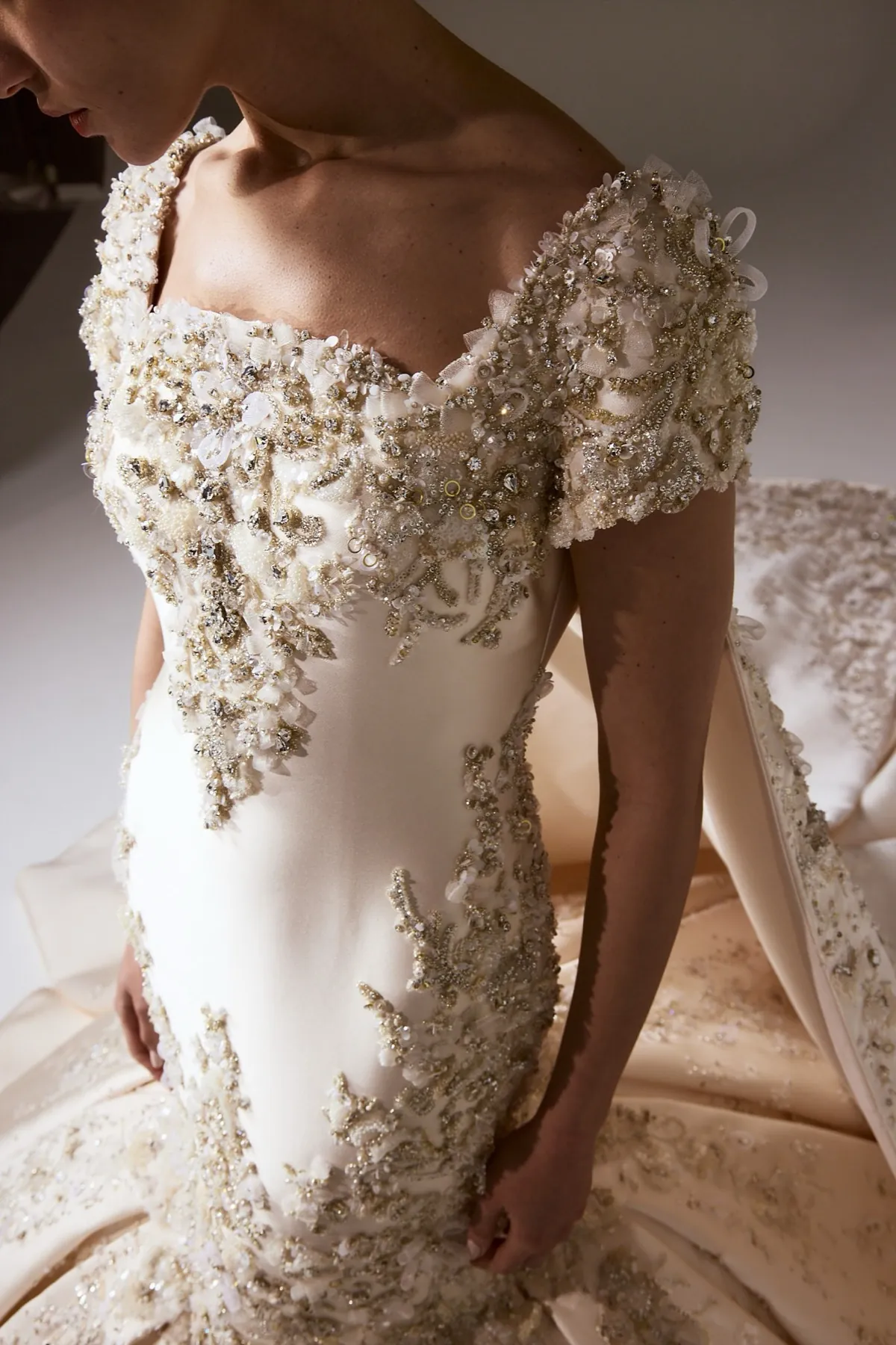 Beaded bodice embroidery detail on an AMAL SAREY gown